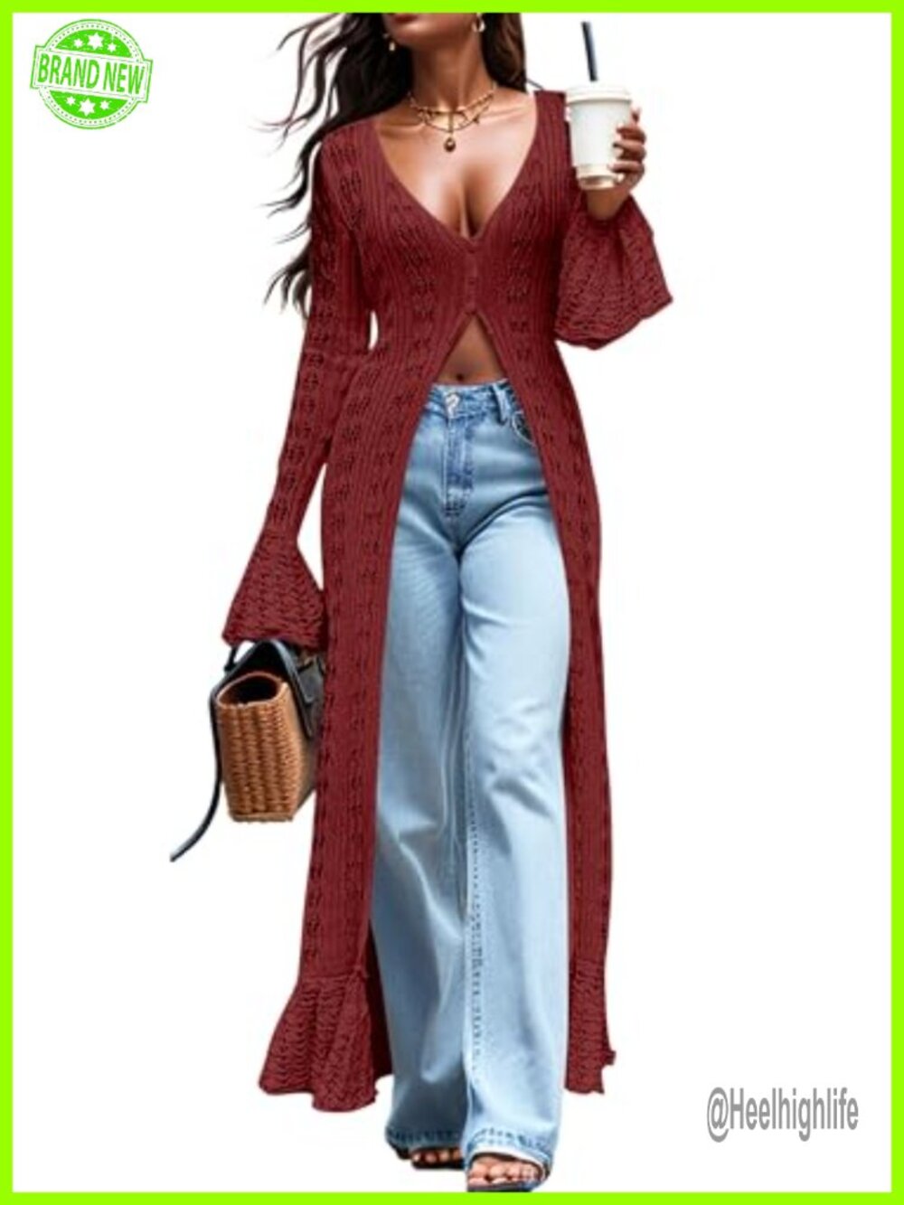 Womens Crochet Maxi Cardigan Lightweight Bell Sleeve Beach Cover Up